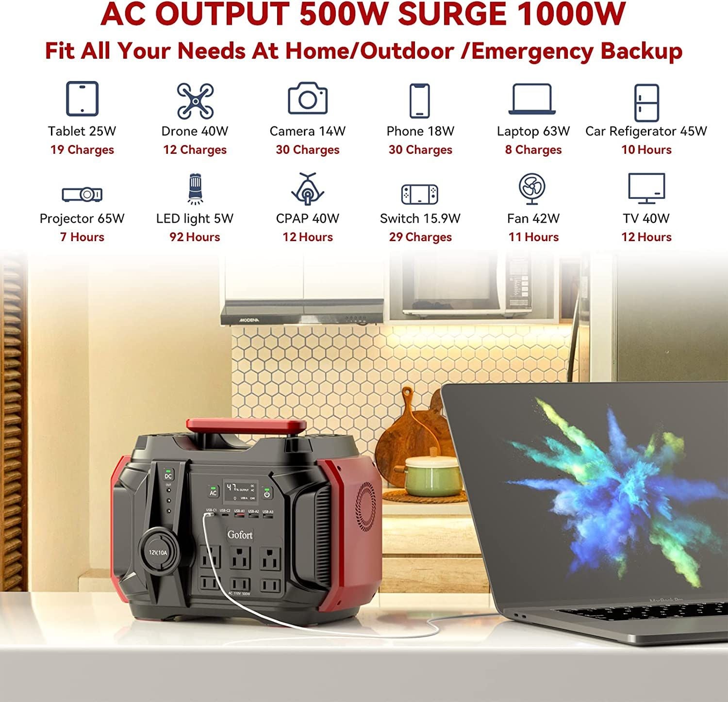 GOFORT Portable Power Station 540Wh/500W Peak 1000W 6 x AC 110V Outlets PD 60W Portable Solar Generator CPAP Battery Power Outage Supplies Emergency Backup Power for Outdoor RV/Van Camping Fishing