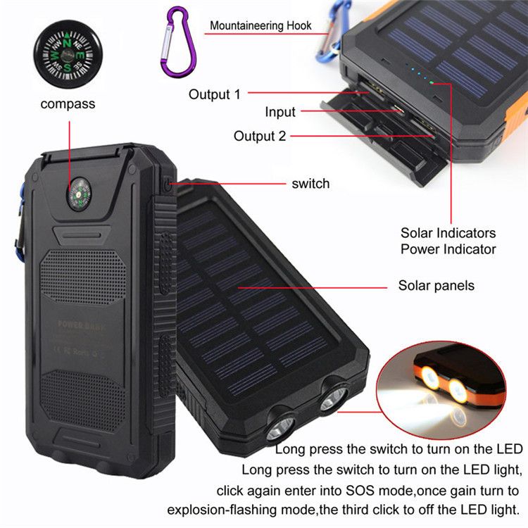 10000mAh Solar Power Bank with Dual USB and Flashlight