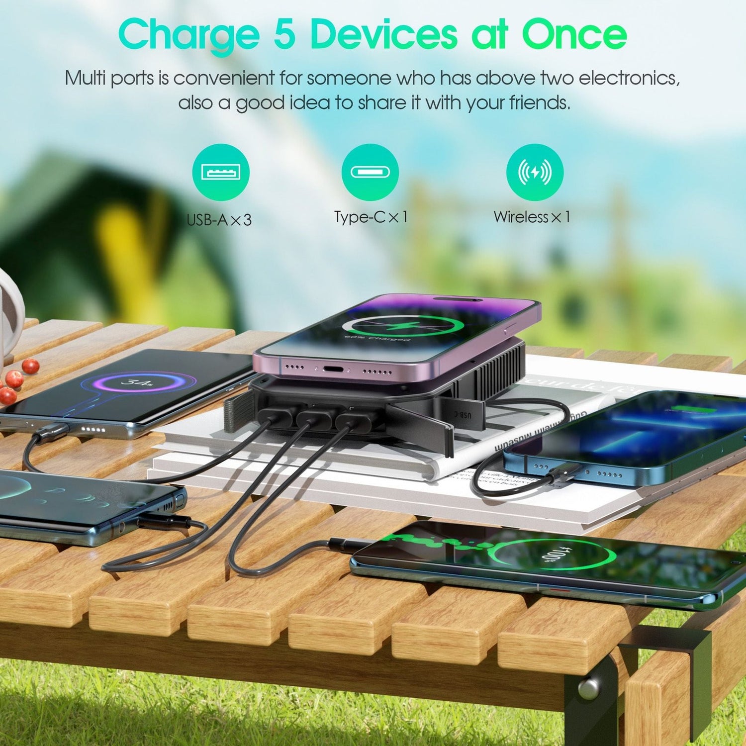 10000mAh Portable Power Bank with USB-C Cable