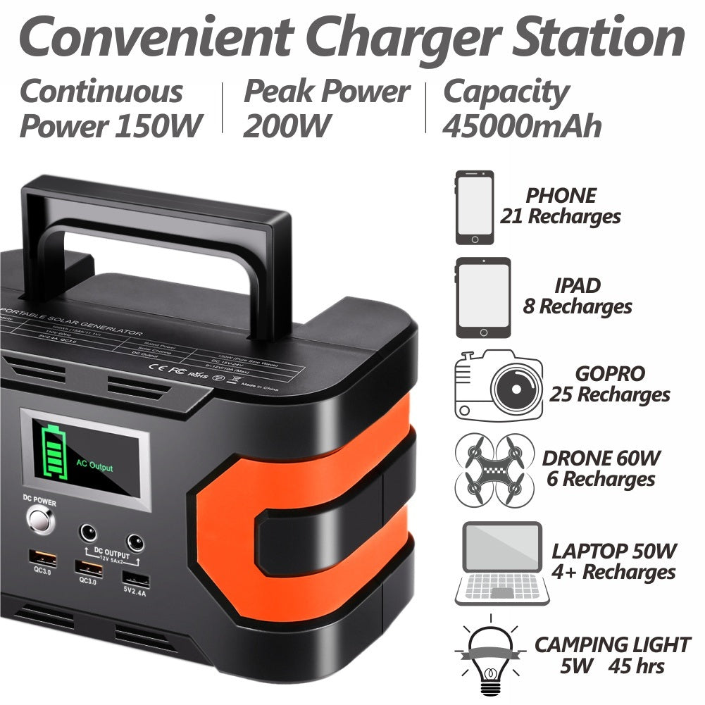 200W Peak Power Station, Flashfish CPAP Battery 166Wh 45000mAh Backup Power Pack With 50W 18V Portable Solar Panel, FLASHFISH Foldable Solar Charger