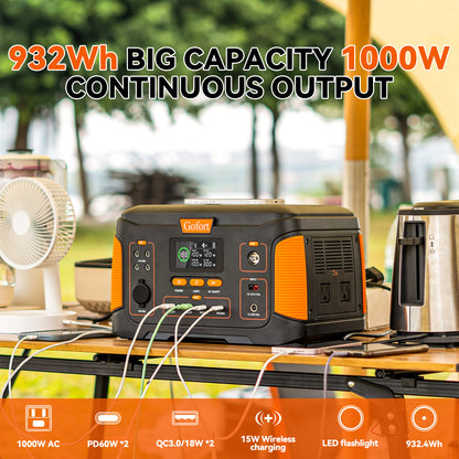 GOFORT Portable Power Station 932Wh/1000W Wireless Charger 15W PD 60W Type-C/QC3.0/Outlets Solar Generator/Emergency Backup Power for Home Outdoor RV Camping or Fishing.