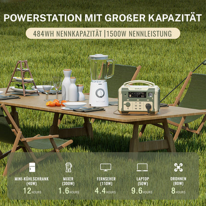 500W Portable Power Station; 484Wh Solar Generator Power Pack Battery Lithium Backup Power Supply with 2 AC Outlets; Emergency LED Light for Outdoor Adventure Camping RV Emergency