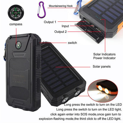 10000mAh Solar Power Bank with Dual USB and Flashlight