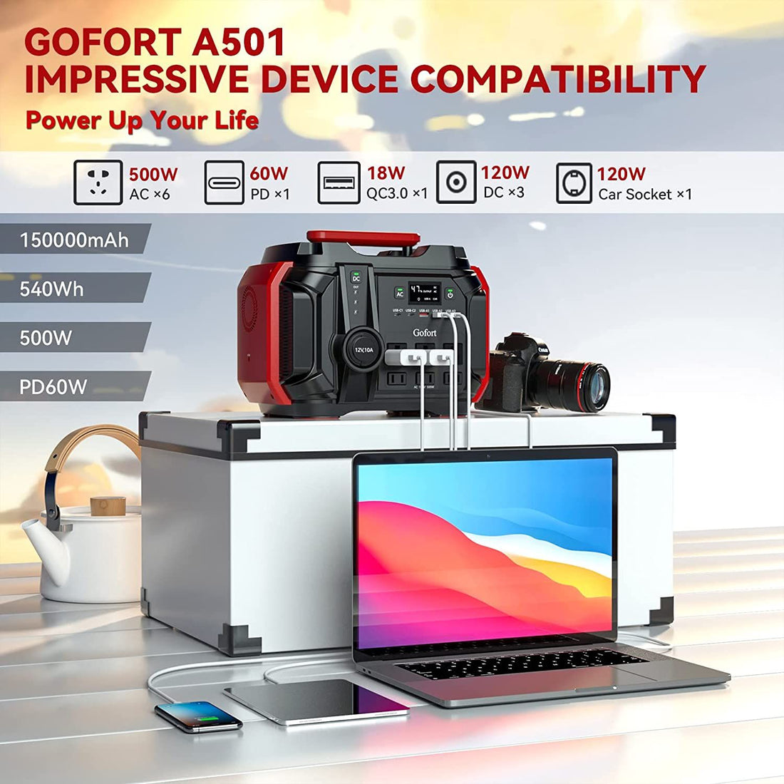 GOFORT Portable Power Station 540Wh/500W Peak 1000W 6 x AC 110V Outlets PD 60W Portable Solar Generator CPAP Battery Power Outage Supplies Emergency Backup Power for Outdoor RV/Van Camping Fishing