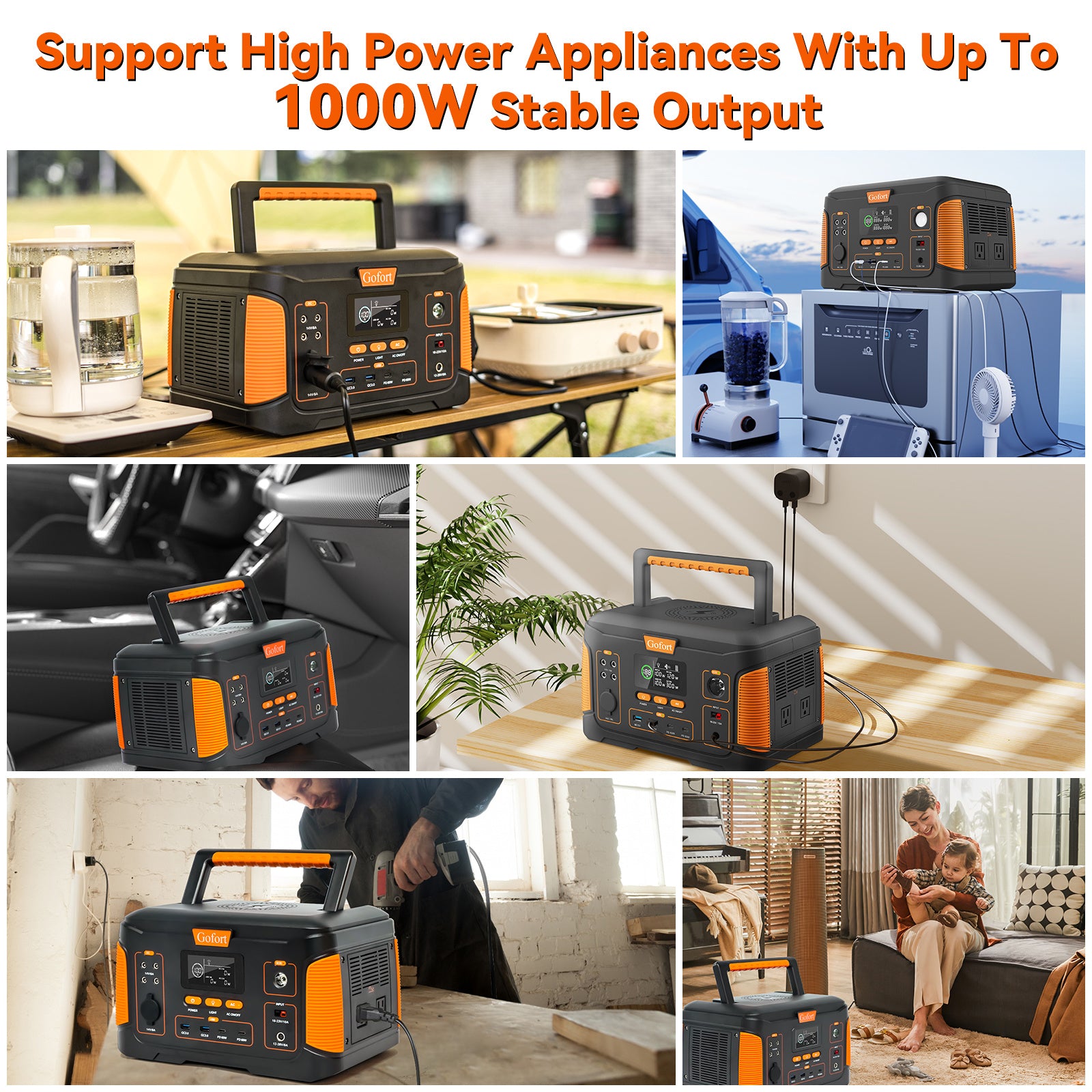 GOFORT Portable Power Station 932Wh/1000W Wireless Charger 15W PD 60W Type-C/QC3.0/Outlets Solar Generator/Emergency Backup Power for Home Outdoor RV Camping or Fishing.